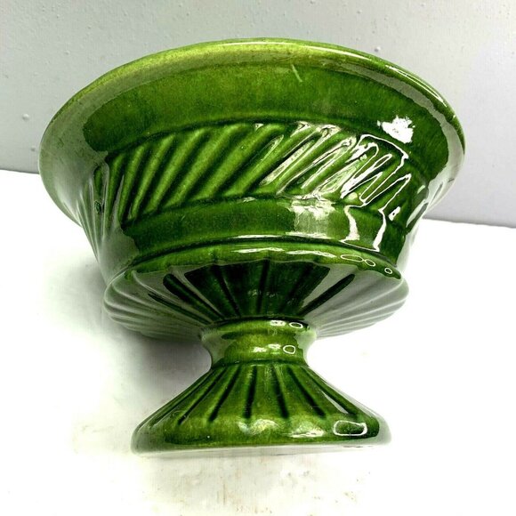 Vintage Haeger Pottery Green Planter Pot Ribbed Pedestal Dish 6" Plant Bowl - Picture 3 of 6